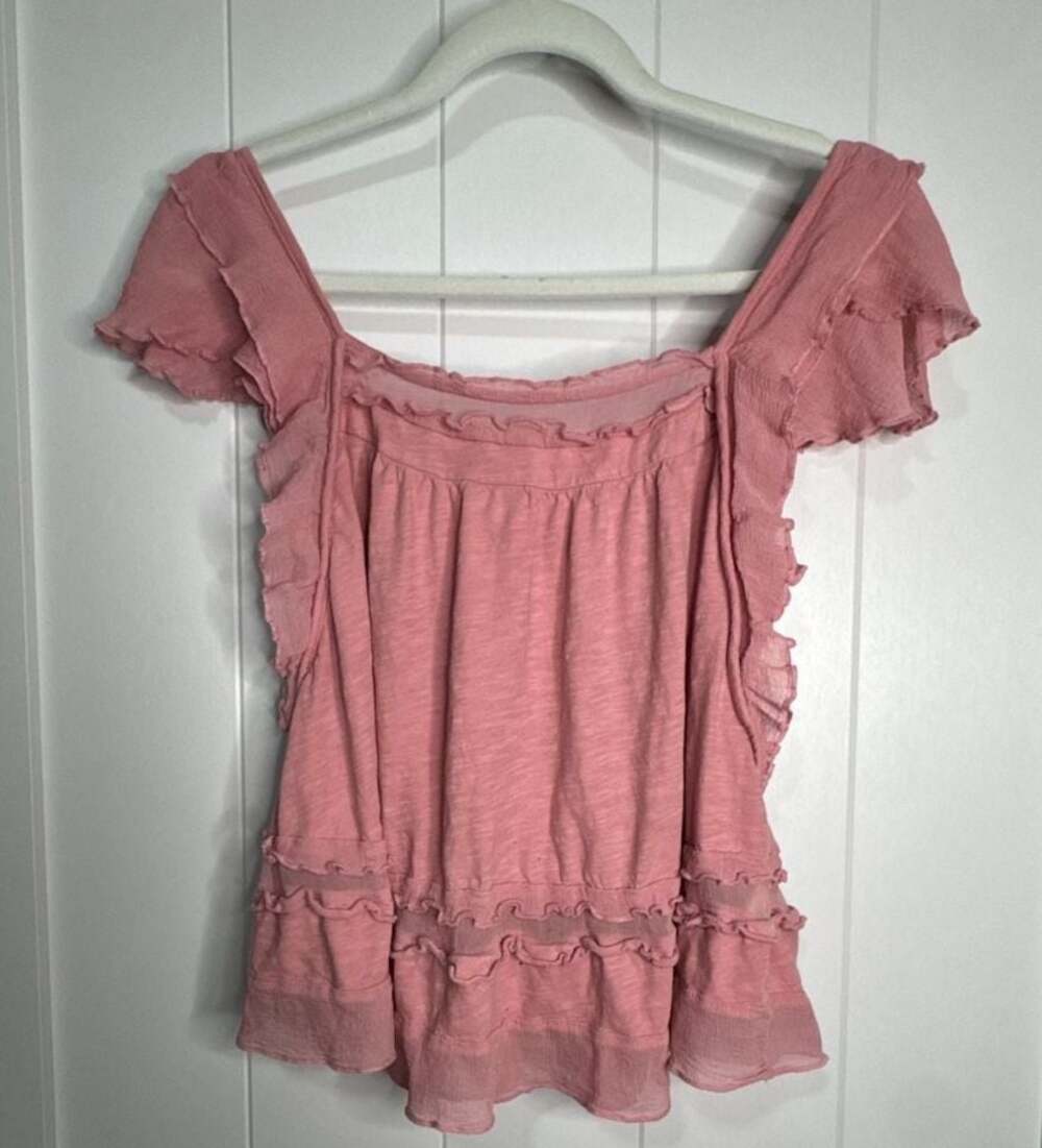 By Anthropologie Ruffled Flutter-Sleeve Gauze Peplum Top Dusty Pink M